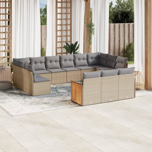 13-Piece Garden Sofa Set with Cushions Beige Poly Rattan Wicker Outdoor Patio Furniture - Image 2