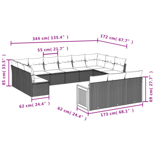 13-Piece Garden Sofa Set with Cushions Beige Poly Rattan Wicker Outdoor Patio Furniture - Image 3