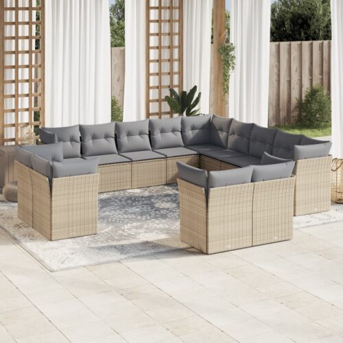 13-Piece Garden Sofa Set with Cushions Beige Poly Rattan Wicker Outdoor Patio Furniture - Image 2