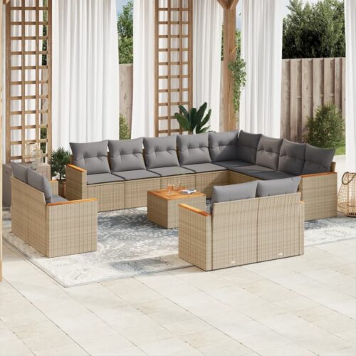 13-Piece Garden Sofa Set with Cushions Beige Poly Rattan Wicker Outdoor Patio Furniture - Image 2