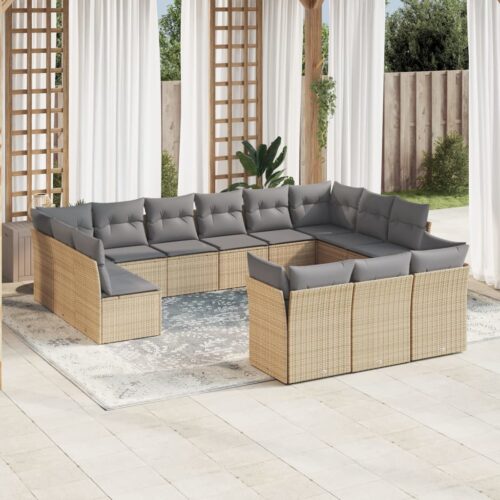13-Piece Garden Sofa Set with Cushions Beige Poly Rattan Wicker Outdoor Patio Furniture - Image 2