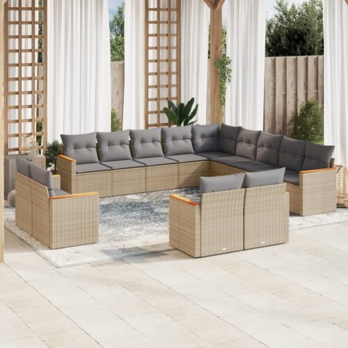 13-Piece Garden Sofa Set with Cushions Beige Poly Rattan Wicker Outdoor Patio Furniture - Image 2