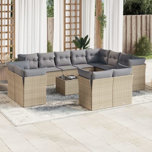 13-Piece Garden Sofa Set with Cushions Beige Poly Rattan Wicker Outdoor Patio Furniture - Image 2