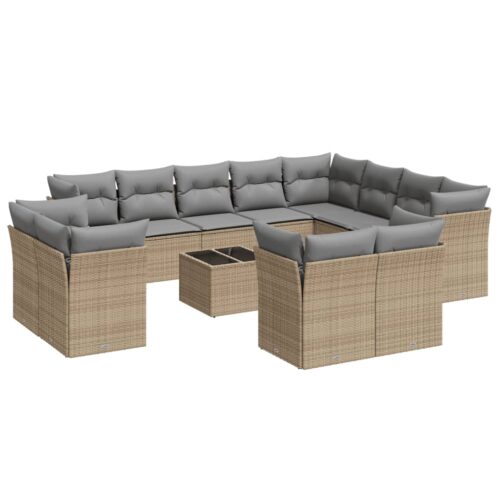 13-Piece Garden Sofa Set with Cushions Beige Poly Rattan Wicker Outdoor Patio Furniture - Image 5