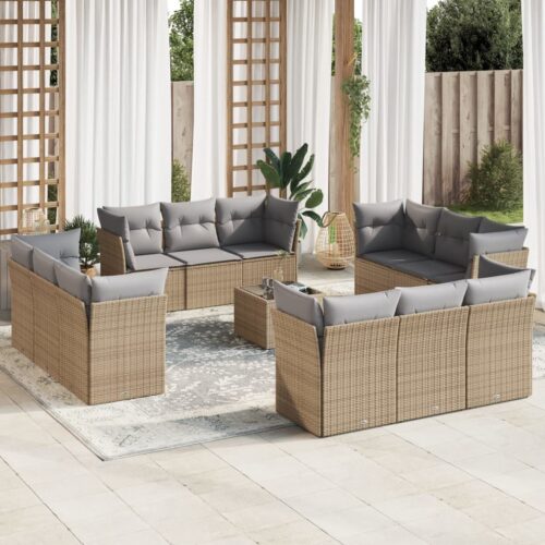 13-Piece Garden Sofa Set with Cushions Beige Poly Rattan Wicker Outdoor Patio Furniture - Image 2
