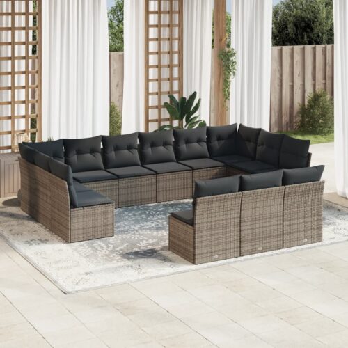 13-Piece Garden Sofa Set with Cushions Grey Poly Rattan Wicker Outdoor Patio Furniture - Image 2