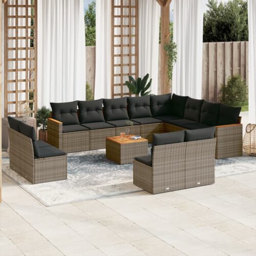 13-Piece Garden Sofa Set with Cushions Grey Poly Rattan Wicker Outdoor Patio Furniture - Image 2