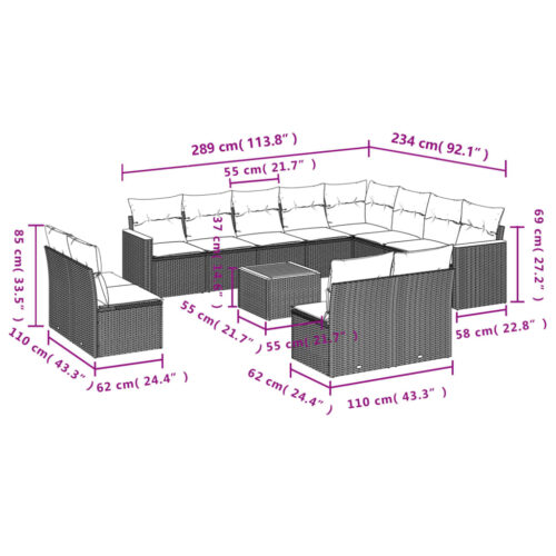 13-Piece Garden Sofa Set with Cushions Grey Poly Rattan Wicker Outdoor Patio Furniture - Image 8