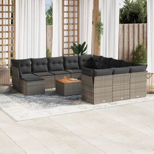 13-Piece Garden Sofa Set with Cushions Grey Poly Rattan Wicker Outdoor Patio Furniture - Image 2