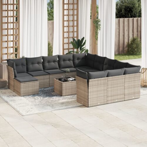 13-Piece Garden Sofa Set with Cushions Grey Poly Rattan Wicker Outdoor Patio Furniture - Image 2