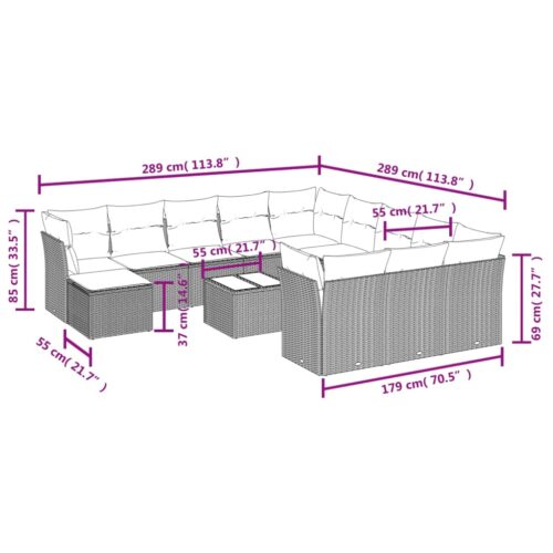 13-Piece Garden Sofa Set with Cushions Grey Poly Rattan Wicker Outdoor Patio Furniture - Image 3