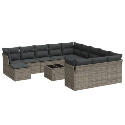 13-Piece Garden Sofa Set with Cushions Grey Poly Rattan Wicker Outdoor Patio Furniture - Image 5