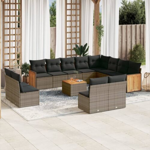 13-Piece Garden Sofa Set with Cushions Grey Poly Rattan Wicker Outdoor Patio Furniture - Image 2
