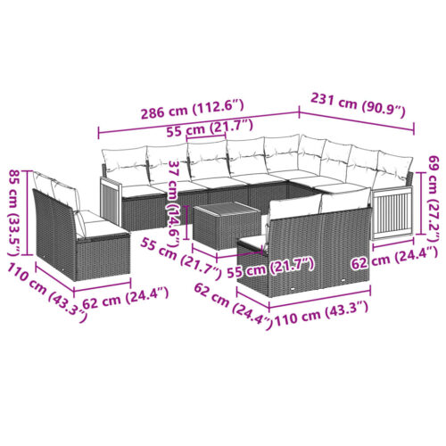 13-Piece Garden Sofa Set with Cushions Grey Poly Rattan Wicker Outdoor Patio Furniture - Image 8