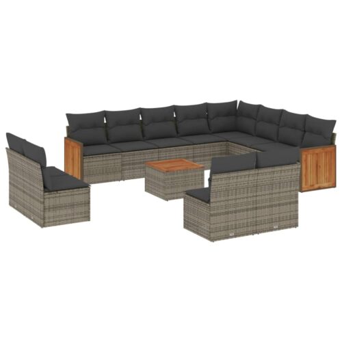 13-Piece Garden Sofa Set with Cushions Grey Poly Rattan Wicker Outdoor Patio Furniture - Image 14