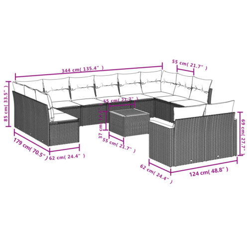 13-Piece Garden Sofa Set with Cushions Grey Poly Rattan Wicker Outdoor Patio Furniture - Image 8