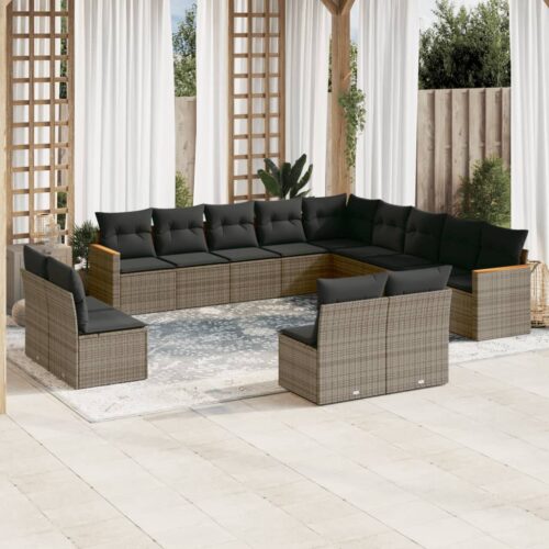 13-Piece Garden Sofa Set with Cushions Grey Poly Rattan Wicker Outdoor Patio Furniture - Image 2