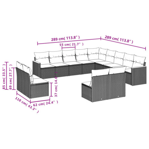 13-Piece Garden Sofa Set with Cushions Grey Poly Rattan Wicker Outdoor Patio Furniture - Image 7