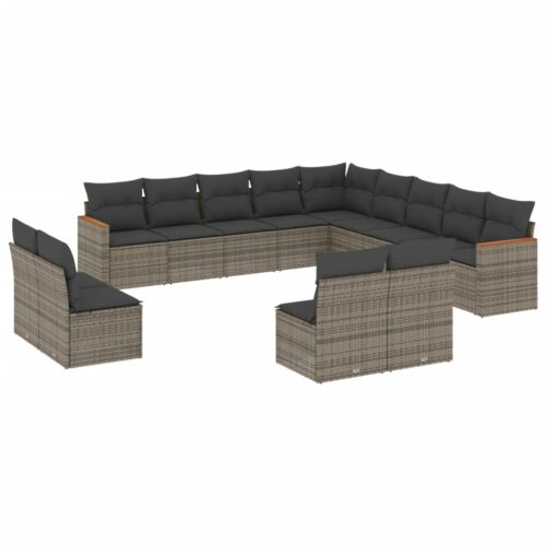 13-Piece Garden Sofa Set with Cushions Grey Poly Rattan Wicker Outdoor Patio Furniture - Image 13