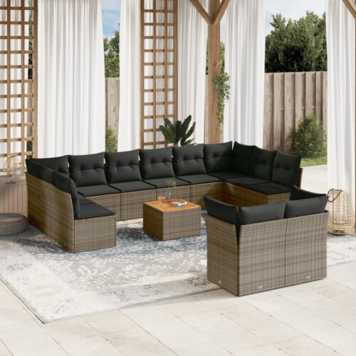 13-Piece Garden Sofa Set with Cushions Grey Poly Rattan Wicker Outdoor Patio Furniture - Image 2