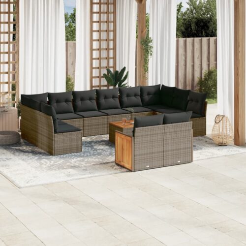 13-Piece Garden Sofa Set with Cushions Grey Poly Rattan Wicker Outdoor Patio Furniture - Image 2