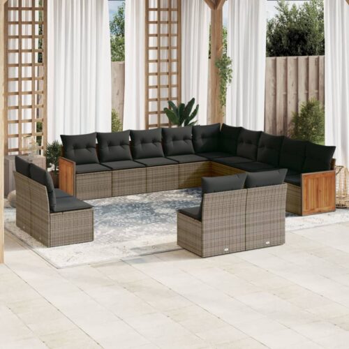 13-Piece Garden Sofa Set with Cushions Grey Poly Rattan Wicker Outdoor Patio Furniture - Image 2