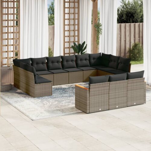13-Piece Garden Sofa Set with Cushions Grey Poly Rattan Wicker Outdoor Patio Furniture - Image 2