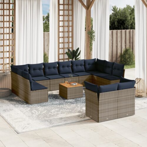 13-Piece Garden Sofa Set with Cushions Grey Poly Rattan Wicker Outdoor Patio Furniture - Image 2