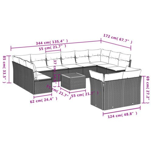 13-Piece Garden Sofa Set with Cushions Grey Poly Rattan Wicker Outdoor Patio Furniture - Image 11