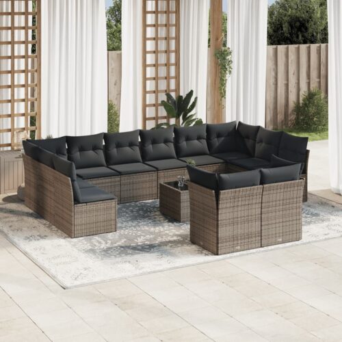 13-Piece Garden Sofa Set with Cushions Grey Poly Rattan Wicker Outdoor Patio Furniture - Image 2