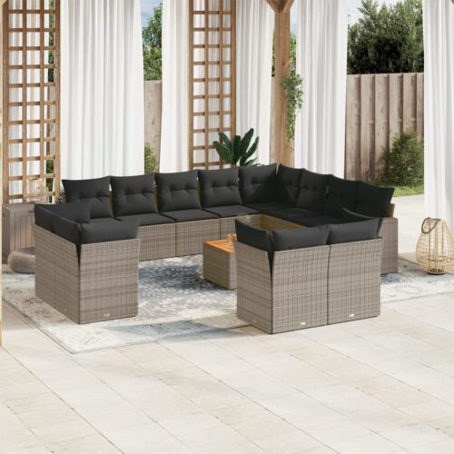 13-Piece Garden Sofa Set with Cushions Grey Poly Rattan Wicker Outdoor Patio Furniture - Image 2