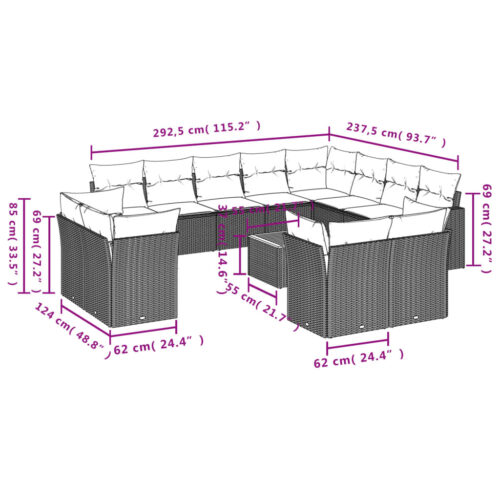 13-Piece Garden Sofa Set with Cushions Grey Poly Rattan Wicker Outdoor Patio Furniture - Image 3
