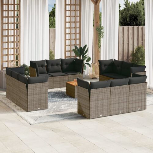 13-Piece Garden Sofa Set with Cushions Grey Poly Rattan Wicker Outdoor Patio Furniture - Image 2
