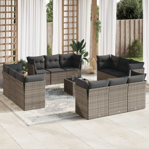 13-Piece Garden Sofa Set with Cushions Grey Poly Rattan Wicker Outdoor Patio Furniture - Image 2