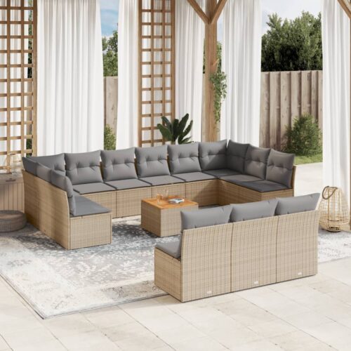 14-Piece Garden Sofa Set with Cushions Beige Poly Rattan Wicker Outdoor Patio Furniture - Image 2