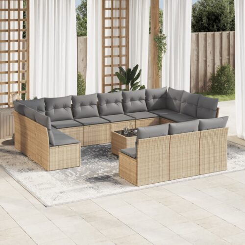 14-Piece Garden Sofa Set with Cushions Beige Poly Rattan Wicker Outdoor Patio Furniture - Image 2