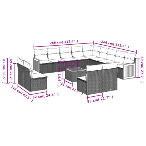 14-Piece Garden Sofa Set with Cushions Beige Poly Rattan Wicker Outdoor Patio Furniture - Image 8