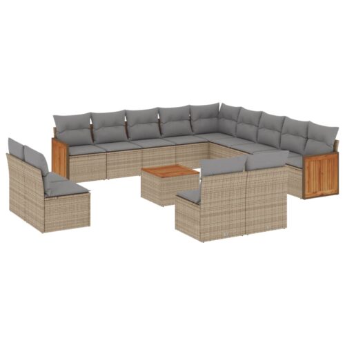 14-Piece Garden Sofa Set with Cushions Beige Poly Rattan Wicker Outdoor Patio Furniture - Image 14