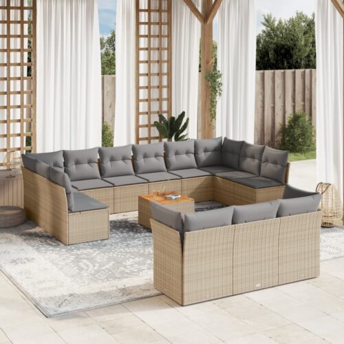 14-Piece Garden Sofa Set with Cushions Beige Poly Rattan Wicker Outdoor Patio Furniture - Image 2