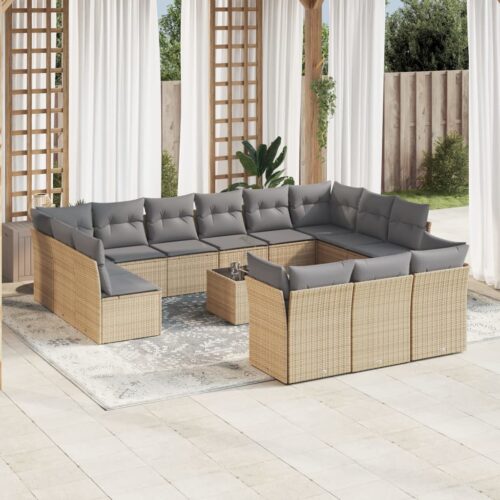 14-Piece Garden Sofa Set with Cushions Beige Poly Rattan Wicker Outdoor Patio Furniture - Image 2