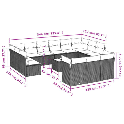 14-Piece Garden Sofa Set with Cushions Beige Poly Rattan Wicker Outdoor Patio Furniture - Image 3