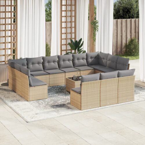 14-Piece Garden Sofa Set with Cushions Beige Poly Rattan Wicker Outdoor Patio Furniture - Image 2