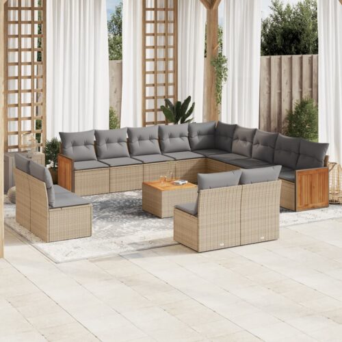 14-Piece Garden Sofa Set with Cushions Beige Poly Rattan Wicker Outdoor Patio Furniture - Image 2