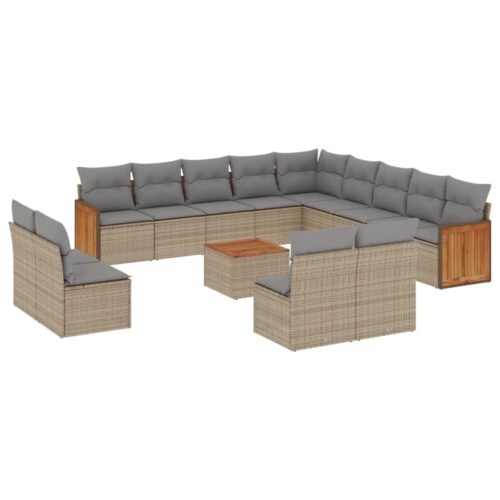 14-Piece Garden Sofa Set with Cushions Beige Poly Rattan Wicker Outdoor Patio Furniture - Image 5