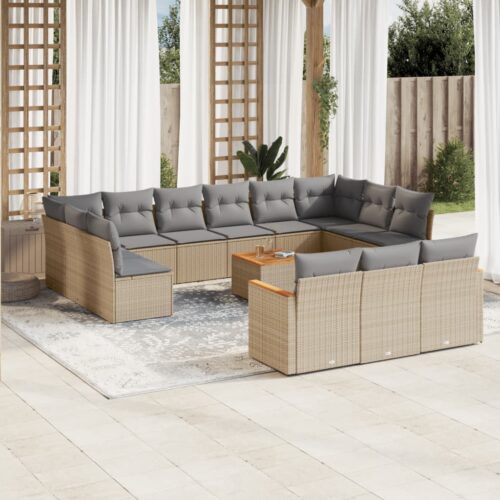 14-Piece Garden Sofa Set with Cushions Beige Poly Rattan Wicker Outdoor Patio Furniture - Image 2