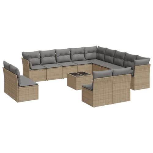 14-Piece Garden Sofa Set with Cushions Beige Poly Rattan Wicker Outdoor Patio Furniture