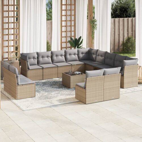 14-Piece Garden Sofa Set with Cushions Beige Poly Rattan Wicker Outdoor Patio Furniture - Image 2