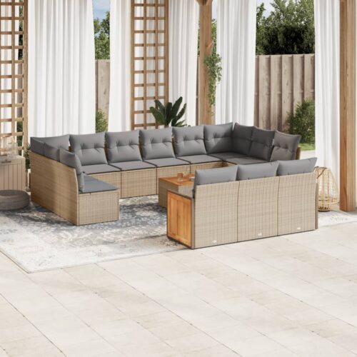14-Piece Garden Sofa Set with Cushions Beige Poly Rattan Wicker Outdoor Patio Furniture - Image 2