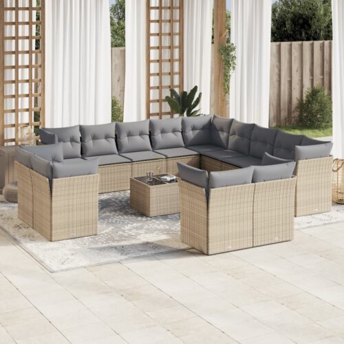 14-Piece Garden Sofa Set with Cushions Beige Poly Rattan Wicker Outdoor Patio Furniture - Image 2