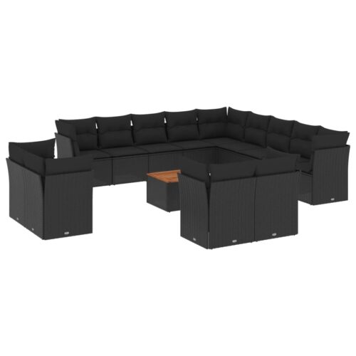 14-Piece Garden Sofa Set with Cushions Black Poly Rattan Wicker Outdoor Patio Furniture